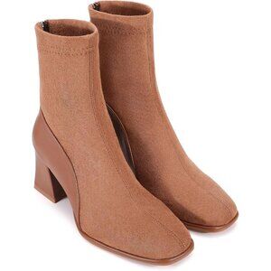 Women's Chestnut Square Toe Low Block Heel Chelsea Back Zipper Mid Calf Booties